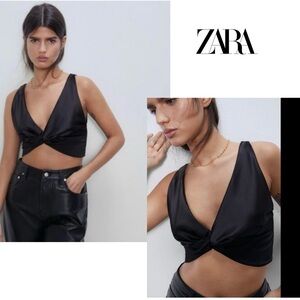 Zara Black Satin Effect Twist Front Crop Top Sleeveless Sz S NWOT party clubwear